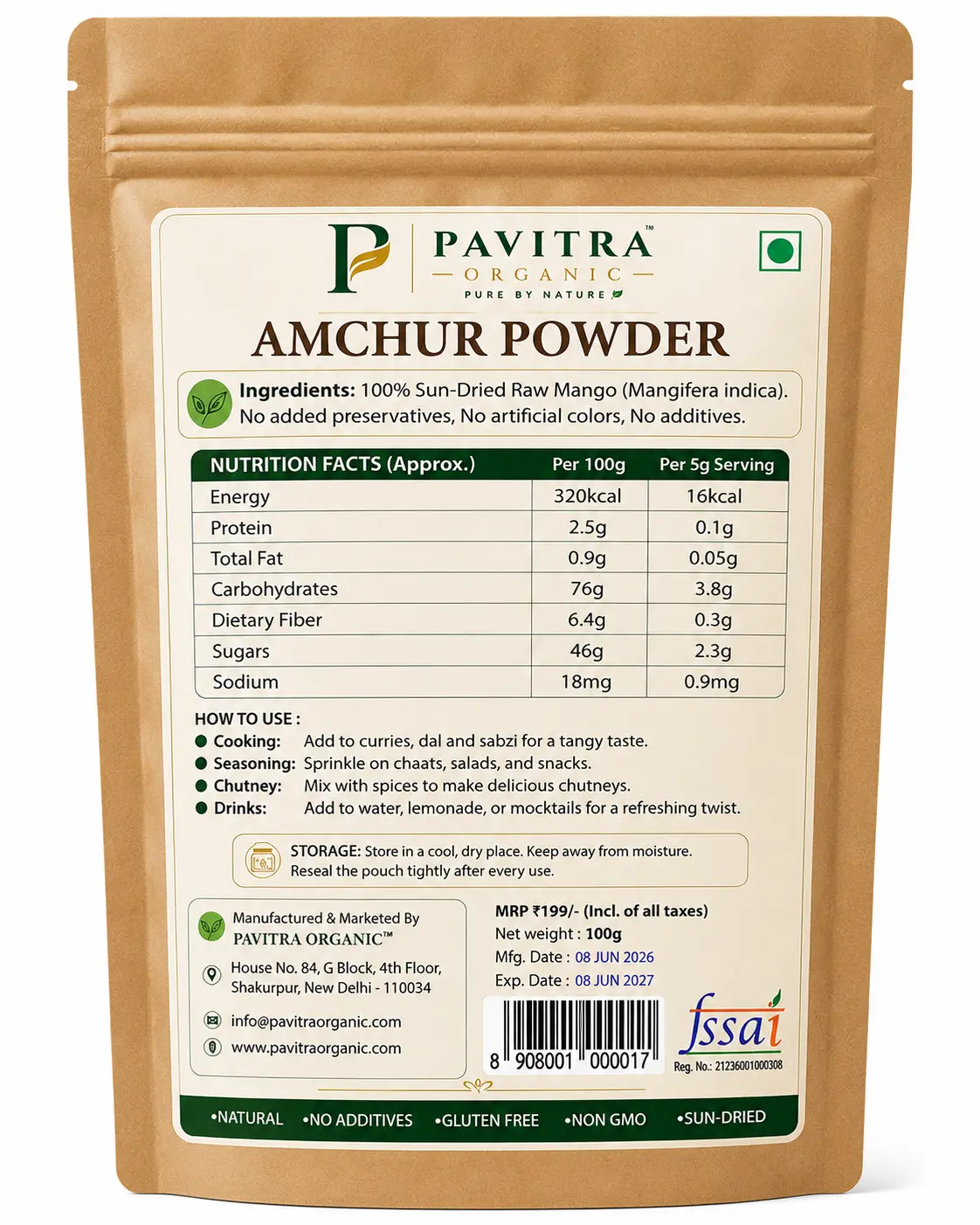 Pavitra Organic Amchur Powder | 100% Sun-Dried Raw Mango Powder | No Additives, No Preservatives | For Chaat, Curry & Seasoning | 100g - Image 2