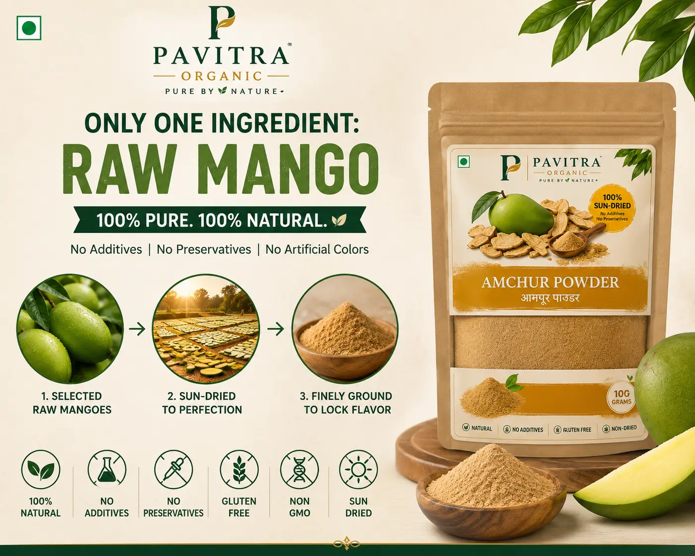 Pavitra Organic Amchur Powder | 100% Sun-Dried Raw Mango Powder | No Additives, No Preservatives | For Chaat, Curry & Seasoning | 100g - Image 4