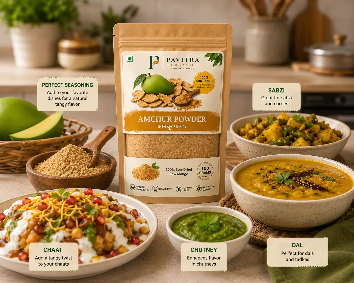 Pavitra Organic Amchur Powder | 100% Sun-Dried Raw Mango Powder | No Additives, No Preservatives | For Chaat, Curry & Seasoning | 100g - Image 5